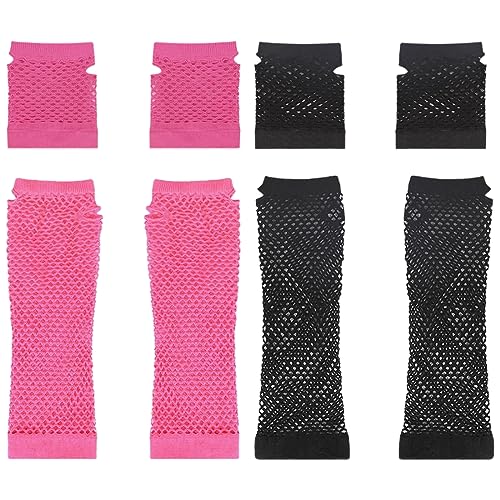 DDKY 4 Paar lange handschuhe ohne finger,Mesh-Handschuhe, Fingerlose Mesh-Ellenbogen-Mesh-Handschuhe Handschuhe für 80er-Jahre-Kostümabend.，partyartikel Lange Netzhandschuhe-schwarz und rosa von DDKY