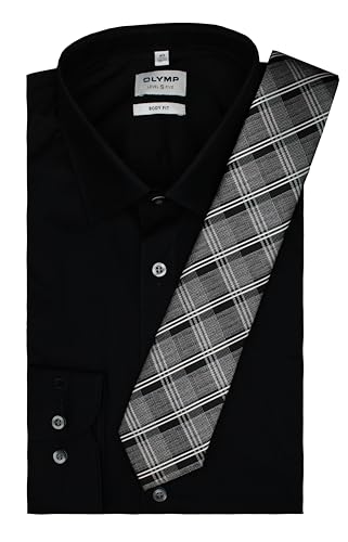 Olymp Herren Oberhemd Langarm Level Five Body Fit | Uni schwarz | mit passender Krawatte | New York Kent Kragen Gr. 41 von DDM MODEWELT