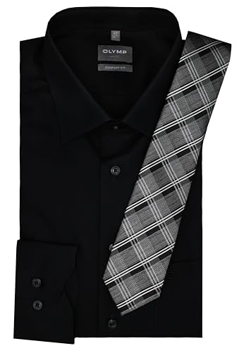 Olymp Herren Oberhemd Langarm Luxor Comfort Fit | Uni Schwarz | Mit passender Krawatte | New Kent Gr 45 von DDM MODEWELT