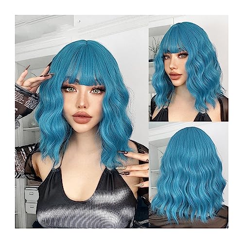 Perücke für Damen, synthetische Perücken für Damen, mit Pony, gewellt, Cosplay-Lolita-Perücke, weißes, natürliches, hitzebeständiges Haar, blaues Ombre, kurzer Bob, Natura von DDNGEJ