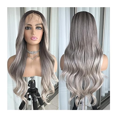 Perücke für Frauen, 61 cm, gewellt, Lace-Front-Perücke, Highlight-Aschblond, Lace-Frontal-Synthetik-Perücken, vorgezupft, lange gewellte synthetische Spitze-Perücke von DDNGEJ