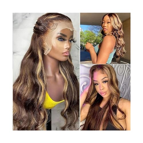 wig Highlight Body Wave Lace Front Perücke Echthaar vorgezupft 13x4x1 T Teil Lace Frontal Perücke 4/27 Ombre 180% Dichte Haarperücken für Frauen Ha von DDNGEJ