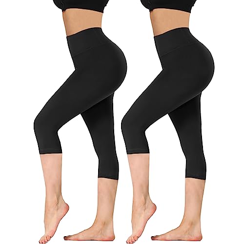 DDOBB Leggings Damen 3/4 High Waist Capri Sporthose Blickdicht Elastisch Kurze für Yogahose Fitness Zuhause Laufhose(H-Schwarz*2, (DE42-48)=L-XL) von DDOBB