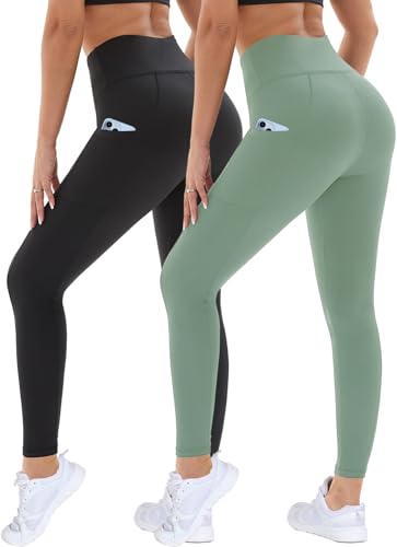 DDOBB 2er Pack Sport Leggings Damen High Waist Sportleggins Damen Lang Mit Taschen Gym Leggings Blickdicht Schwarz Sporthose Elastische Bauchweg Yogahose Fitness Laufhose(Schwarz+Grün,L-XL) von DDOBB