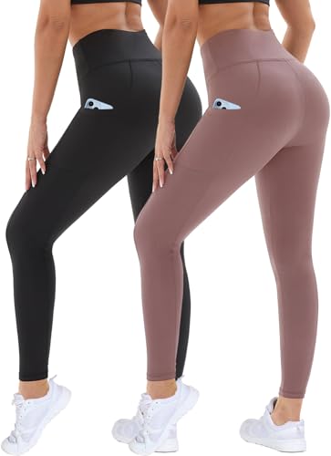 DDOBB 2er Pack Sport Leggings Damen High Waist Sportleggins Damen Lang Mit Taschen Gym Leggings Blickdicht Schwarz Sporthose Elastische Bauchweg Yogahose Fitness Laufhose(Schwarz+Rosa,L-XL) von DDOBB