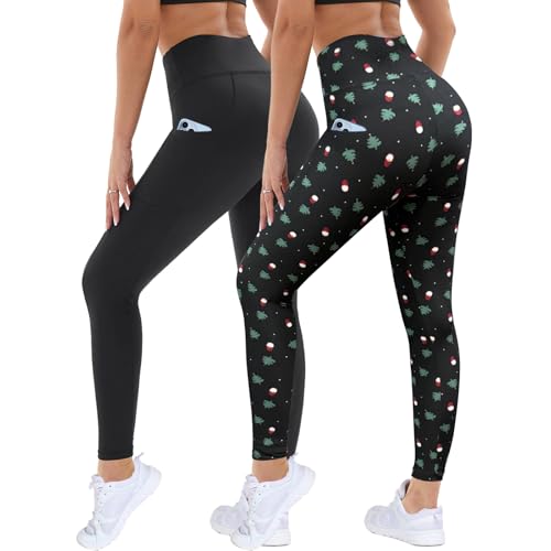 DDOBB 2er Pack Sport Leggings Damen High Waist Sportleggins Damen Lang Mit Taschen Gym Leggins Blickdicht Schwarz Sporthose Elastische Bauchweg Yogahose Fitness Laufhose(Schwarz+Weihnachtsbaum,L-XL) von DDOBB
