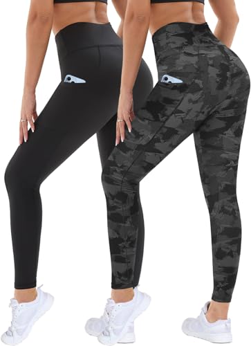 DDOBB 2er Pack Sport Leggings Damen High Waist Sportleggins Damen Lang Mit Taschen Gym Leggins Blickdicht Schwarz Sporthose Elastische Bauchweg Yogahose Fitness Laufhose(Schwarz+Schwarz Bedruck,S-M) von DDOBB
