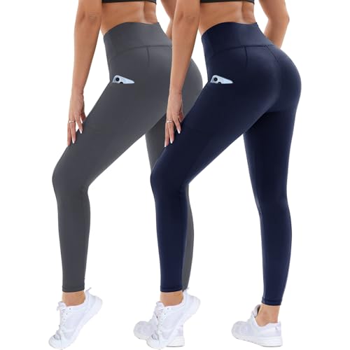 DDOBB 2er Pack Sport Leggings Damen High Waist Sportleggins Damen Lang Mit Taschen Gym Leggins Blickdicht Schwarz Sporthose Elastische Bauchweg Yogahose Fitness Laufhose(Dunkelgrau?Navy,L-XL) von DDOBB