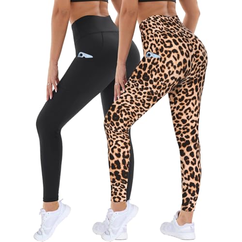 DDOBB 2er Pack Sport Leggings Damen High Waist Sportleggins Damen Lang Mit Taschen Gym Leggins Blickdicht Schwarz Sporthose Elastische Bauchweg Yogahose Fitness Laufhose(Leopard+Schwarz,L-XL) von DDOBB