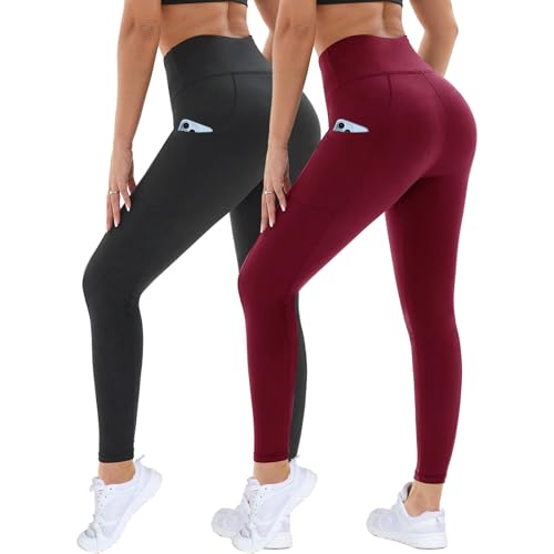 DDOBB 2er Pack Sport Leggings Damen High Waist Sportleggins Damen Lang Mit Taschen Gym Leggins Blickdicht Schwarz Sporthose Elastische Bauchweg Yogahose Fitness Laufhose(Schwarz+Weinrot,S-M) von DDOBB