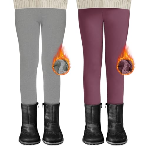DDOBB 2er Pack Thermo Leggings Mädchen Gefütterte Winter Leggins Mit Fleece Kinder High Waist Thermounterwäsche Dicke Warm Lange Hose für Alltag(Hellgrau+Rosa, L=(134-146)) von DDOBB