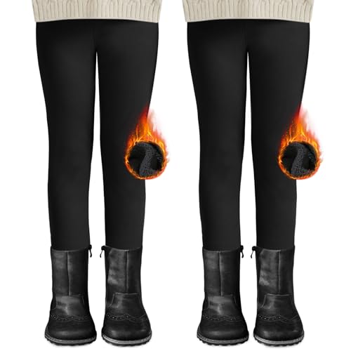 DDOBB 2er Pack Thermo Leggings Mädchen Gefütterte Winter Leggins Mit Fleece Kinder High Waist Thermounterwäsche Dicke Warm Lange Hose für Alltag(Schwarz*2, L=(134-146)) von DDOBB