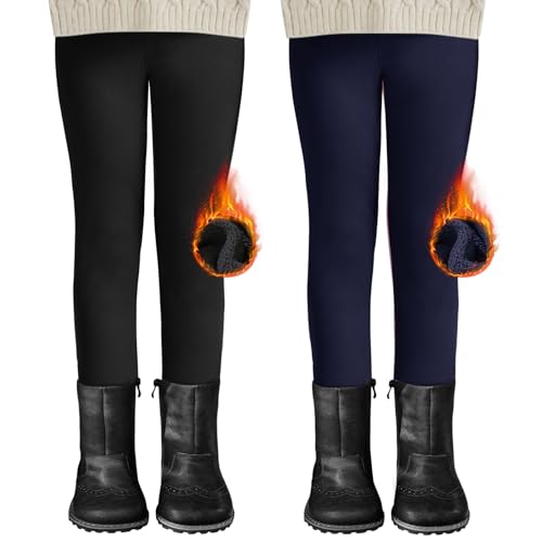 DDOBB 2er Pack Thermo Leggings Mädchen Gefütterte Winter Leggins Mit Fleece Kinder High Waist Thermounterwäsche Dicke Warm Lange Hose für Alltag(Schwarz+Navy, S=(104-122)) von DDOBB