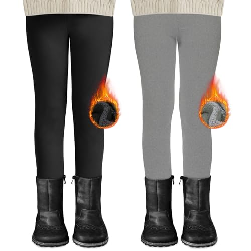 DDOBB 2er Pack Thermo Leggings Mädchen Gefütterte Winter Leggins Mit Fleece Kinder High Waist Thermounterwäsche Dicke Warm Lange Hose für Alltag(Schwarz+Hellgrau, XL=(146-152)) von DDOBB