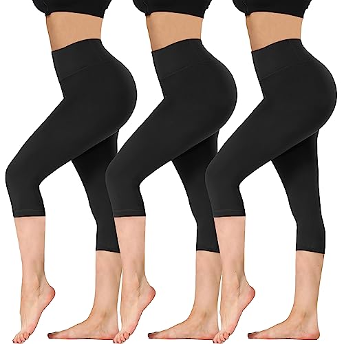 DDOBB Leggings Damen 3/4 High Waist Capri Sporthose Blickdicht Elastisch Kurze für Yogahose Fitness Zuhause Laufhose(I-Schwarz*3, (DE34-40)=S-M) von DDOBB