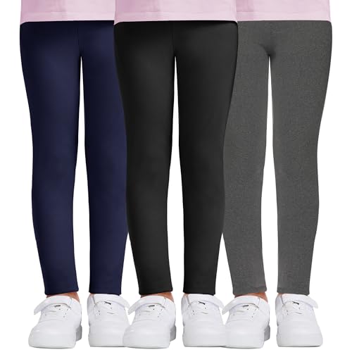 DDOBB 3er Pack Leggings Mädchen High Waist Leggins Kinder Sportleggins Lange Weich Elastisch Basic Sporthose Blickdichte Hose für Tanz Yoga Alltag(Schwarz+Navy+Hellgrau, L=(8-10 Jahre)) von DDOBB