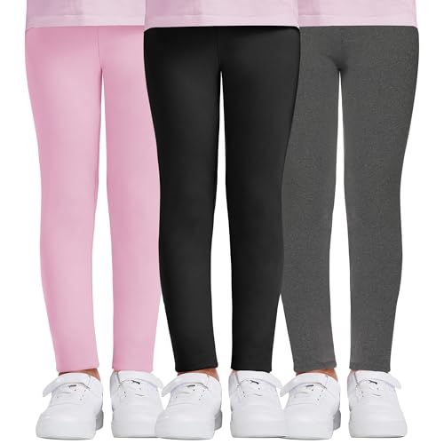 DDOBB 3er Pack Leggings Mädchen High Waist Leggins Kinder Sportleggins Lange Weich Elastisch Basic Sporthose Blickdichte Hose für Tanz Yoga Alltag(Schwarz+Rosa+Hellgrau, L=(8-10 Jahre)) von DDOBB