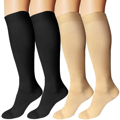 DDOBB 4 Paar Kompressionsstrümpfe Damen und Herren Stützstrümpfe Kompressionssocken Stützsocken Reisestrümpfe für Flug Sport Running Radsport(Schwarz*2+Hautfarbe*2, L-XL) von DDOBB