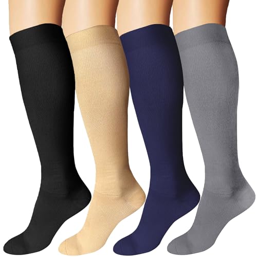 DDOBB 4 Paar Kompressionsstrümpfe Damen und Herren Stützstrümpfe Kompressionssocken Stützsocken Reisestrümpfe für Flug Sport Running Radsport(Schwarz+Hautfarbe+Navy+Grau, L-XL) von DDOBB