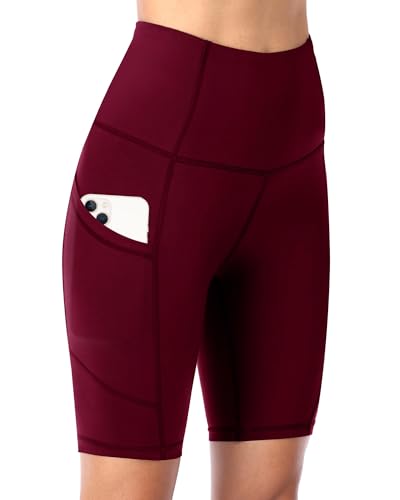 DDOBB Damen Radlerhose mit Taschen High Waist Sport Shorts Damen Sommer Kurze Sporthose Blickdicht Yoga Shorts Leggings Hose Gym Fitness Outdoor(Weinrot,M) von DDOBB