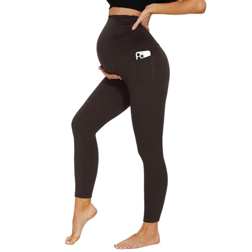 DDOBB Damen Umstandsleggings mit Taschen High Waist Umstandshose Blickdichte Schwangerschaftsleggings Weich Elastisch Umstandsmode Zuhause Yoga Sport(Braun, L) von DDOBB