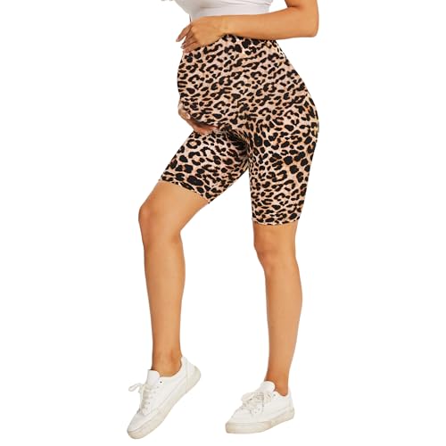 DDOBB Damen Umstandsleggings mit Taschen Schwangerschaftsleggings High Waist Umstandshose Blickdichte Weich Elastisch Umstandsmode Zuhause Yoga Sport(Leopard Shorts, S) von DDOBB