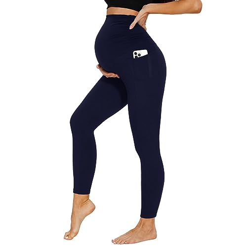 DDOBB Damen Umstandsleggings mit Taschen Schwangerschaftsleggings High Waist Umstandshose Blickdichte Weich Elastisch Umstandsmode Zuhause Yoga Sport(Navy, S) von DDOBB
