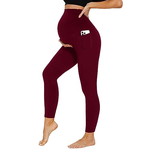 DDOBB Damen Umstandsleggings mit Taschen Schwangerschaftsleggings High Waist Umstandshose Blickdichte Weich Elastisch Umstandsmode Zuhause Yoga Sport(Weinrot, S) von DDOBB