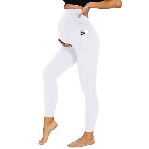 DDOBB Damen Umstandsleggings mit Taschen High Waist Umstandshose Blickdichte Schwangerschaftsleggings Weich Elastisch Umstandsmode Zuhause Yoga Sport(Weiß, M) von DDOBB