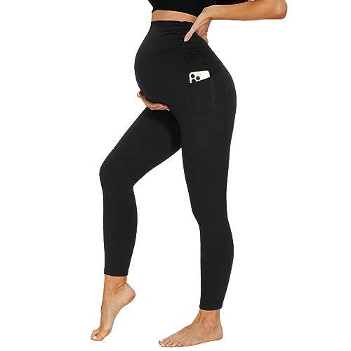 DDOBB Damen Umstandsleggings mit Taschen High Waist Umstandshose Blickdichte Schwangerschaftsleggings Weich Elastisch Umstandsmode Zuhause Yoga Sport(schwarz, XL) von DDOBB