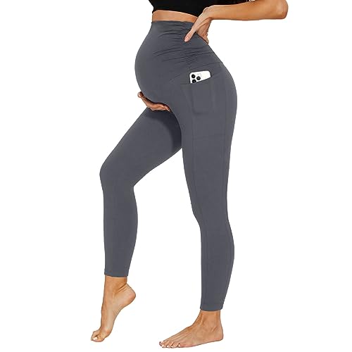 DDOBB Damen Umstandsleggings mit Taschen Schwangerschaftsleggings High Waist Umstandshose Blickdichte Weich Elastisch Umstandsmode Zuhause Yoga Sport(Dunkelgrau, L) von DDOBB