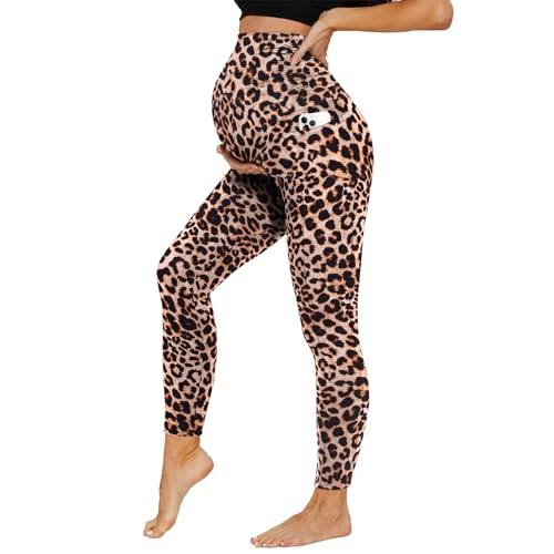 DDOBB Damen Umstandsleggings mit Taschen High Waist Umstandshose Blickdichte Schwangerschaftsleggings Weich Elastisch Umstandsmode Zuhause Yoga Sport(Leopard, M) von DDOBB