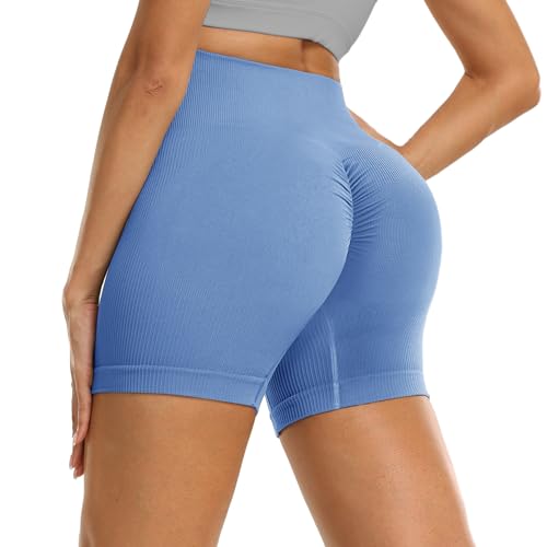 DDOBB Gym Shorts Damen Scrunch Butt Sportshorts Push Up Kurze Sporthose Bauchweg High Waist Nahtlos Radlerhose Sommer Laufshorts für Fitness Yoga Workout(Hellblau, S-M) von DDOBB