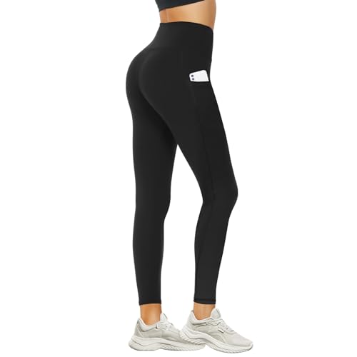 DDOBB Leggings Damen High Waist Sportleggins Lang Schwarz Leggins Blickdicht Bauchweg Sporthose Elastisch Yogahose Gym Festival Outfit(#02-Schwarz-mit Tasche, (DE50-52)=XXL) von DDOBB