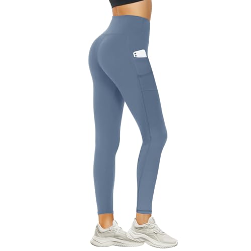 DDOBB Leggings Damen High Waist Sportleggins Lang Schwarz Leggins Blickdicht Bauchweg Sporthose Elastisch Yogahose Gym Outdoor Alltag(#17-Morandi Blau-mit Tasche, (DE42-48)=L-XL) von DDOBB