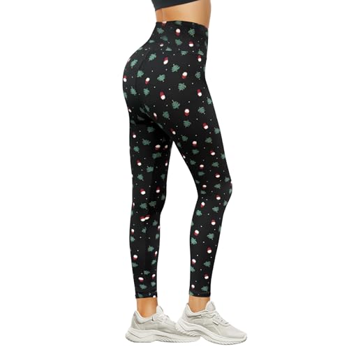 DDOBB Leggings Damen High Waist Sportleggins Lang Schwarz Leggins Blickdicht Bauchweg Sporthose Elastisch Yogahose Gym Festival Outfit(#02-Weihnachtsbaum, (DE34-40)=S-M) von DDOBB