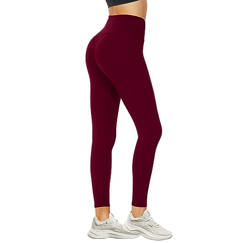 DDOBB Leggings Damen High Waist Sportleggins Lang Schwarz Leggins Blickdicht Bauchweg Sporthose Elastisch Yogahose Gym Festival Outfit(#08-Weinrot, (DE50-52)=XXL) von DDOBB