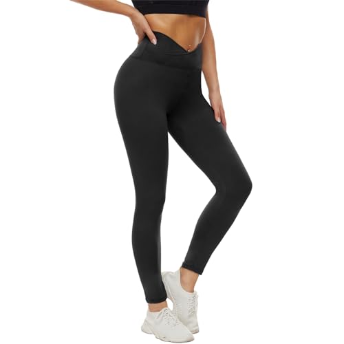 DDOBB Leggings Damen High Waist Sportleggins Lang Schwarz Leggins Blickdicht Bauchweg Sporthose Elastisch Yogahose Gym Festival Outfit(#02-Schwarz-V Cross, (DE50-52)=XXL) von DDOBB