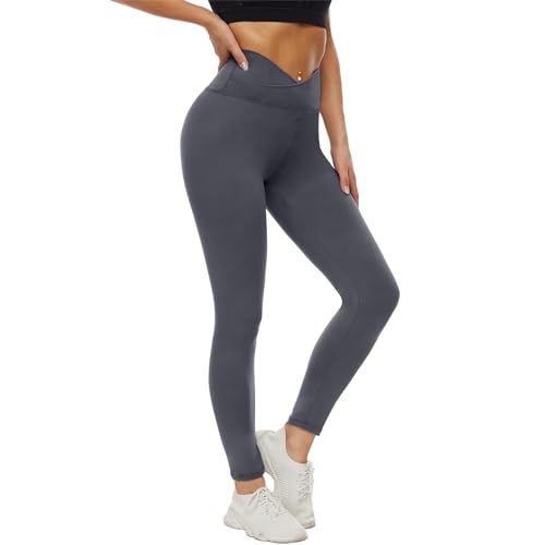 DDOBB Leggings Damen V Cross Waist Leggins Blickdicht Schwarz Sportleggins Lang Bauchweg Hose Elastisch Yogahose Gym Outdoor Alltag(#04-Dunkelgrau, (DE34-40)=S-M) von DDOBB