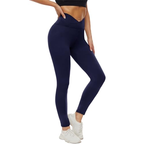 DDOBB Leggings Damen V Cross Waist Leggins Blickdicht Schwarz Sportleggins Lang Bauchweg Hose Elastisch Yogahose Gym Outdoor Alltag(#05-Navy, (DE42-48)=L-XL) von DDOBB