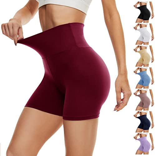 DDOBB Radlerhose Damen Kurze Shorts Bauchweg Sporthose Leggings Blickdicht High Waist Shorts Elastisch Unterhosen Fitness Hotpants Sommer Boxershorts(Weinrot,L-XL) von DDOBB