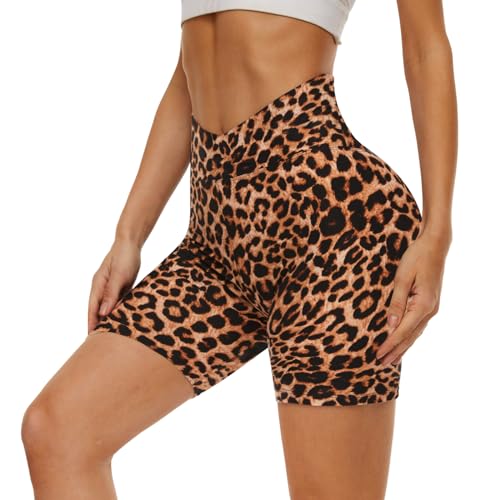 DDOBB Radlerhose Damen Kurze Shorts Bauchweg Sporthose V Cross Blickdicht High Waist Shorts Elastisch Unterhosen Fitness Hotpants Sommer Boxershorts(Leopard,L-XL) von DDOBB