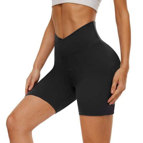 DDOBB Radlerhose Damen Kurze Shorts Bauchweg Sporthose V Cross Blickdicht High Waist Shorts Elastisch Unterhosen Fitness Hotpants Sommer Boxershorts(Schwarz,L-XL) von DDOBB