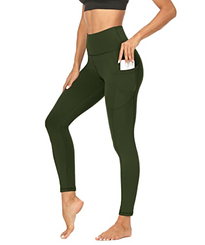 DDOBB Sport Leggings Damen Mit DREI Taschen Bauchweg Leggins Wasserdicht Sporthose High Waist Blickdichte Lang Po Push Up Yoga Hosen,Normal-armeegrün,XXL von DDOBB