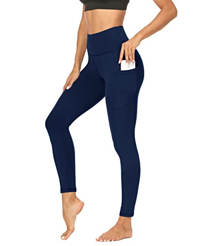 DDOBB Sport Leggings Damen High Waist Mit Taschen Bauchweg Sportleggins Gym Sporthose Leggins Blickdichte Lang Po Push Up Laufhose Yoga Hosen(Normal-Dunkelblau,L) von DDOBB