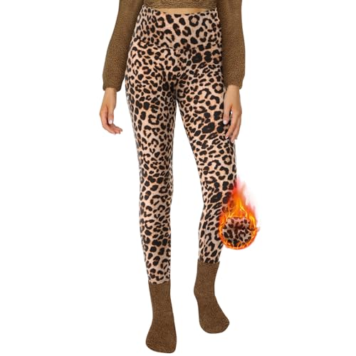 DDOBB Thermo Leggings Damen Gefüttert High Waist Thermoleggins Lang Mit Innenfleece Warm Teddy Sportleggins Strumpfhosen Thermohose Laufhose Winterkeid(F-Leopard, (DE42-48)=L-XL) von DDOBB