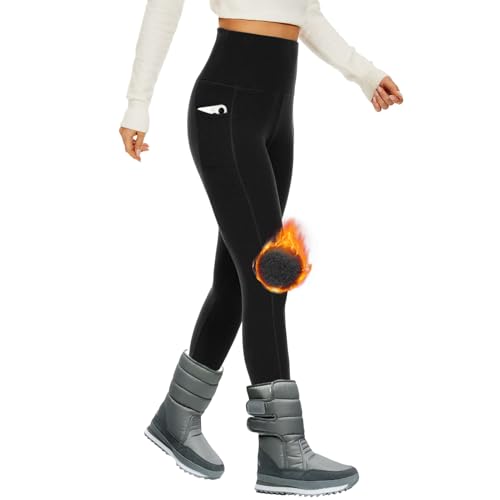 DDOBB Thermo Leggings Damen Gefüttert High Waist Thermoleggins Lang Mit Innenfleece Warm Teddy Sportleggins Strumpfhosen Thermohose Laufhose Winterkeid(B-Schwarz,(DE34-40)=M) von DDOBB