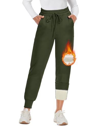 DDOBB Thermohose Damen Winter Gefütterte Jogginghose Warm Fleecehose Mit Taschen Verdickte Sportleggins Kordelzug Laufhose Trainingshose Wanderhose Sweatpants Freizeit Outdoor Hosen(Grün,XL) von DDOBB