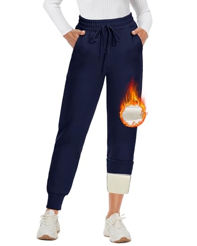 DDOBB Thermohose Damen Winter Gefütterte Jogginghose Warm Fleecehose Mit Taschen Verdickte Sportleggins Kordelzug Laufhose Trainingshose Wanderhose Sweatpants Freizeit Outdoor Hosen(Navy,L) von DDOBB