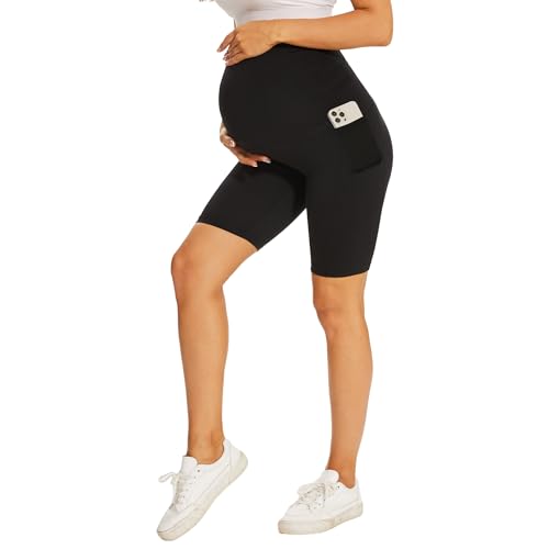 DDOBB Umstandsshorts mit Taschen Kurze Umstandsleggings High Waist Radlerhose Damen Umstandsmode Weiche Schwangerschaftsleggings(Schwarz Shorts, M) von DDOBB